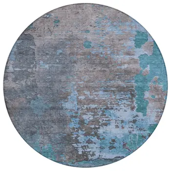 8' Teal Blue Taupe And Sky Blue Round Abstract Washable Indoor Outdoor Area Rug