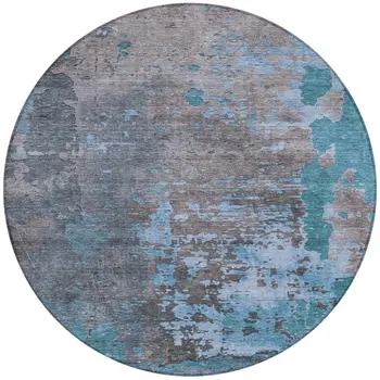 8' Teal Blue Taupe And Sky Blue Round Abstract Washable Indoor Outdoor Area Rug