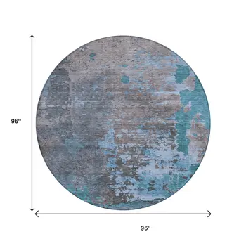 8' Teal Blue Taupe And Sky Blue Round Abstract Washable Indoor Outdoor Area Rug