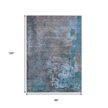 8' X 10' Teal Blue Taupe And Sky Blue Abstract Washable Indoor Outdoor Area Rug