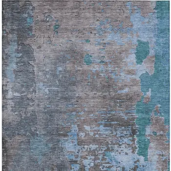 8' X 10' Teal Blue Taupe And Sky Blue Abstract Washable Indoor Outdoor Area Rug