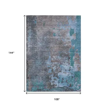 9' X 12' Teal Blue Taupe And Sky Blue Abstract Washable Indoor Outdoor Area Rug