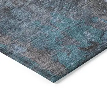 9' X 12' Teal Blue Taupe And Sky Blue Abstract Washable Indoor Outdoor Area Rug