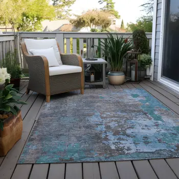 10' X 14' Teal Blue Taupe And Sky Blue Abstract Washable Indoor Outdoor Area Rug