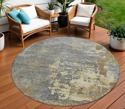 8' Taupe Gray And Beige Round Abstract Washable Indoor Outdoor Area Rug