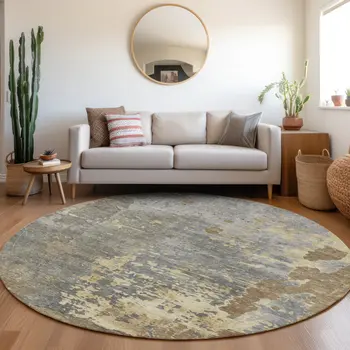 8' Taupe Gray And Beige Round Abstract Washable Indoor Outdoor Area Rug