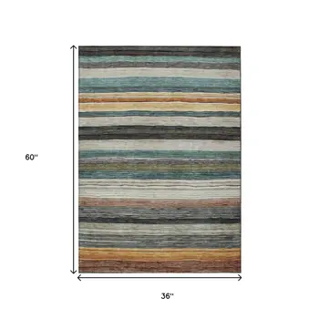 3' X 5' Beige Gold Brown And Taupe Striped Washable Indoor Outdoor Area Rug