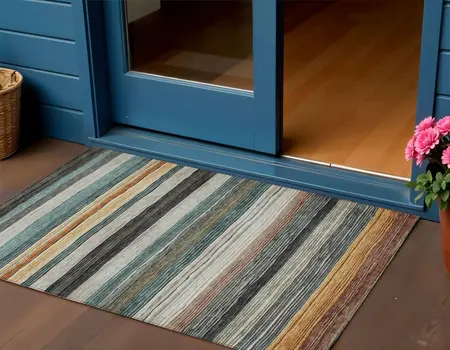 3' X 5' Beige Gold Brown And Taupe Striped Washable Indoor Outdoor Area Rug