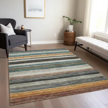 3' X 5' Beige Gold Brown And Taupe Striped Washable Indoor Outdoor Area Rug