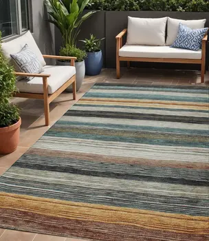 5' X 8' Beige Gold Brown And Taupe Striped Washable Indoor Outdoor Area Rug