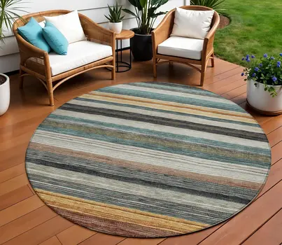 8' Beige Gold Brown And Taupe Round Striped Washable Indoor Outdoor Area Rug