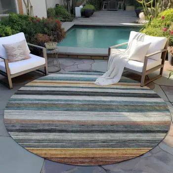 8' Beige Gold Brown And Taupe Round Striped Washable Indoor Outdoor Area Rug