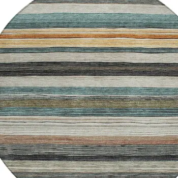 8' Beige Gold Brown And Taupe Round Striped Washable Indoor Outdoor Area Rug