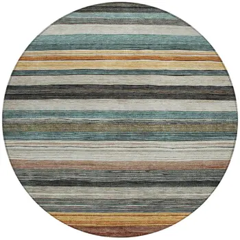 8' Beige Gold Brown And Taupe Round Striped Washable Indoor Outdoor Area Rug