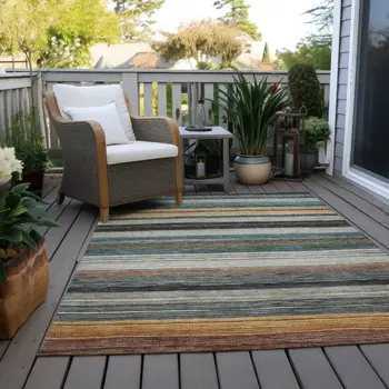 8' X 10' Beige Gold Brown And Taupe Striped Washable Indoor Outdoor Area Rug