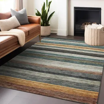 8' X 10' Beige Gold Brown And Taupe Striped Washable Indoor Outdoor Area Rug