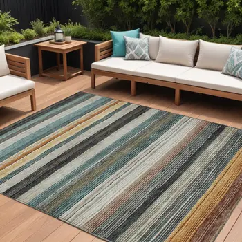9' X 12' Beige Gold Brown And Taupe Striped Washable Indoor Outdoor Area Rug