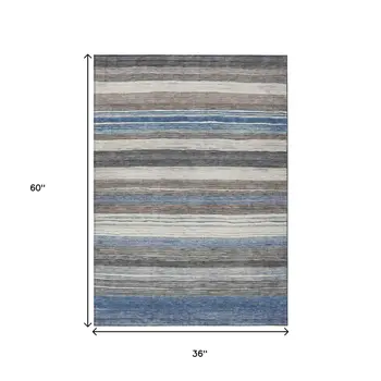 3' X 5' Denim Blue Beige And Taupe Striped Washable Indoor Outdoor Area Rug