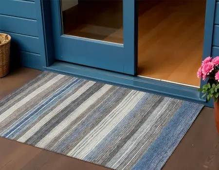 3' X 5' Denim Blue Beige And Taupe Striped Washable Indoor Outdoor Area Rug