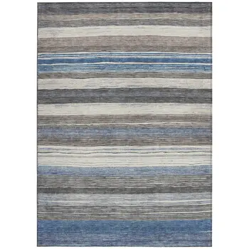5' X 8' Denim Blue Beige And Taupe Striped Washable Indoor Outdoor Area Rug