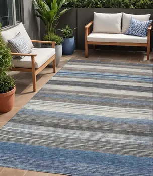 5' X 8' Denim Blue Beige And Taupe Striped Washable Indoor Outdoor Area Rug