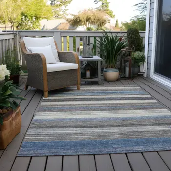 5' X 8' Denim Blue Beige And Taupe Striped Washable Indoor Outdoor Area Rug
