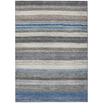 5' X 8' Denim Blue Beige And Taupe Striped Washable Indoor Outdoor Area Rug