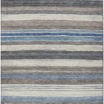 5' X 8' Denim Blue Beige And Taupe Striped Washable Indoor Outdoor Area Rug