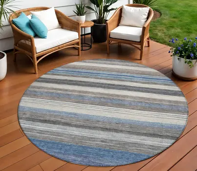 8' Denim Blue Beige And Taupe Round Striped Washable Indoor Outdoor Area Rug