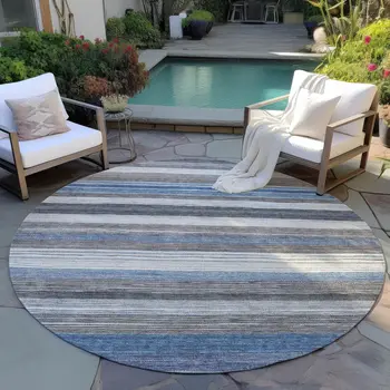 8' Denim Blue Beige And Taupe Round Striped Washable Indoor Outdoor Area Rug