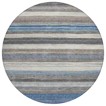 8' Denim Blue Beige And Taupe Round Striped Washable Indoor Outdoor Area Rug