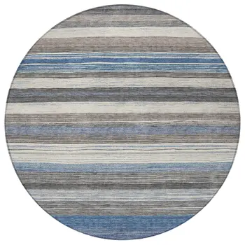 8' Denim Blue Beige And Taupe Round Striped Washable Indoor Outdoor Area Rug