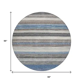 8' Denim Blue Beige And Taupe Round Striped Washable Indoor Outdoor Area Rug