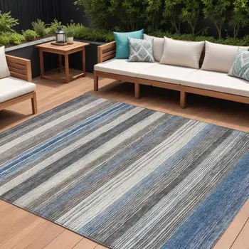 9' X 12' Denim Blue Beige And Taupe Striped Washable Indoor Outdoor Area Rug