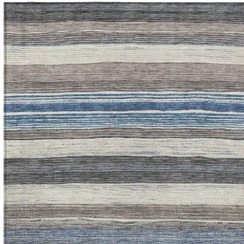 10' X 14' Denim Blue Beige And Taupe Striped Washable Indoor Outdoor Area Rug