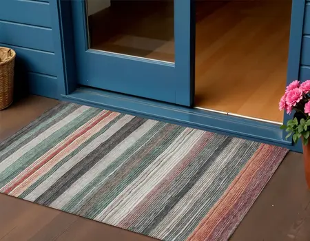 3' X 5' Pale Aqua Copper And Taupe Striped Washable Indoor Outdoor Area Rug