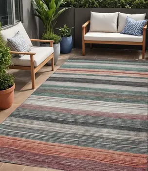 5' X 8' Pale Aqua Copper And Taupe Striped Washable Indoor Outdoor Area Rug