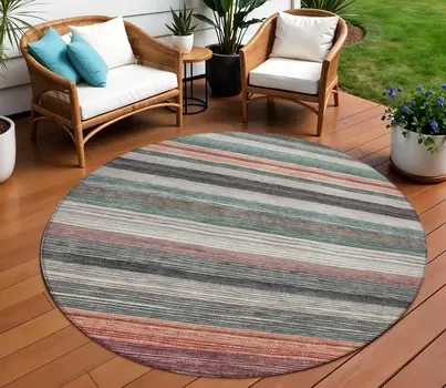 8' Pale Aqua Copper And Taupe Round Striped Washable Indoor Outdoor Area Rug