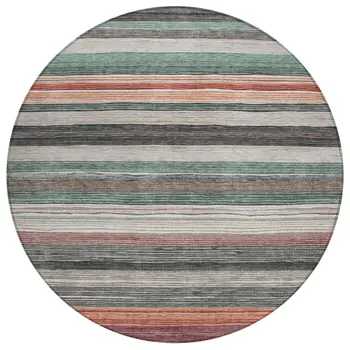 8' Pale Aqua Copper And Taupe Round Striped Washable Indoor Outdoor Area Rug