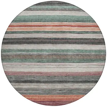 8' Pale Aqua Copper And Taupe Round Striped Washable Indoor Outdoor Area Rug