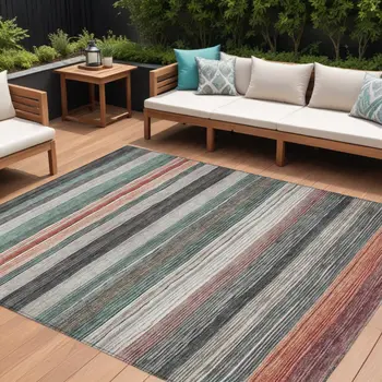 8' X 10' Pale Aqua Copper And Taupe Striped Washable Indoor Outdoor Area Rug
