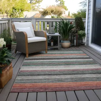 8' X 10' Pale Aqua Copper And Taupe Striped Washable Indoor Outdoor Area Rug