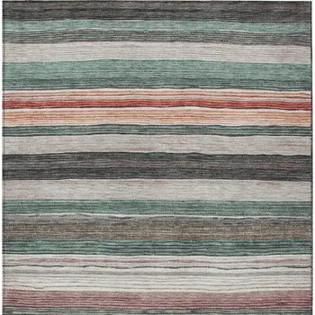 9' X 12' Pale Aqua Copper And Taupe Striped Washable Indoor Outdoor Area Rug