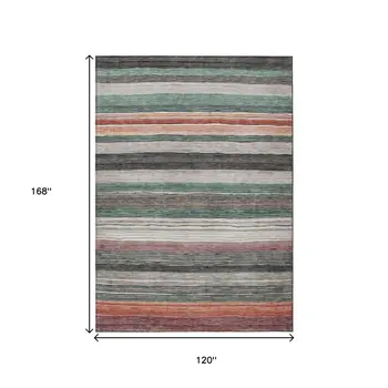 10' X 14' Pale Aqua Copper And Taupe Striped Washable Indoor Outdoor Area Rug