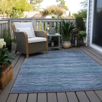 5' X 8' Denim Blue And Sky Blue Abstract Washable Indoor Outdoor Area Rug
