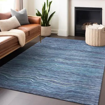 5' X 8' Denim Blue And Sky Blue Abstract Washable Indoor Outdoor Area Rug