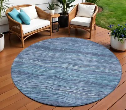 8' Denim Blue And Sky Blue Round Abstract Washable Indoor Outdoor Area Rug
