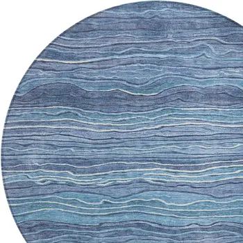 8' Denim Blue And Sky Blue Round Abstract Washable Indoor Outdoor Area Rug