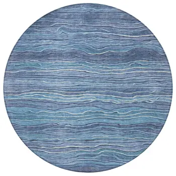8' Denim Blue And Sky Blue Round Abstract Washable Indoor Outdoor Area Rug