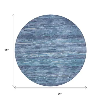 8' Denim Blue And Sky Blue Round Abstract Washable Indoor Outdoor Area Rug